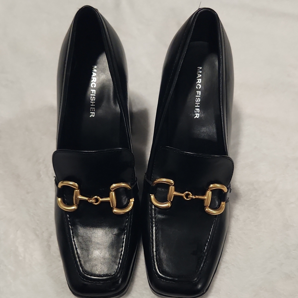 Marc Fisher Black Leather Loafers with Gold Horsebit